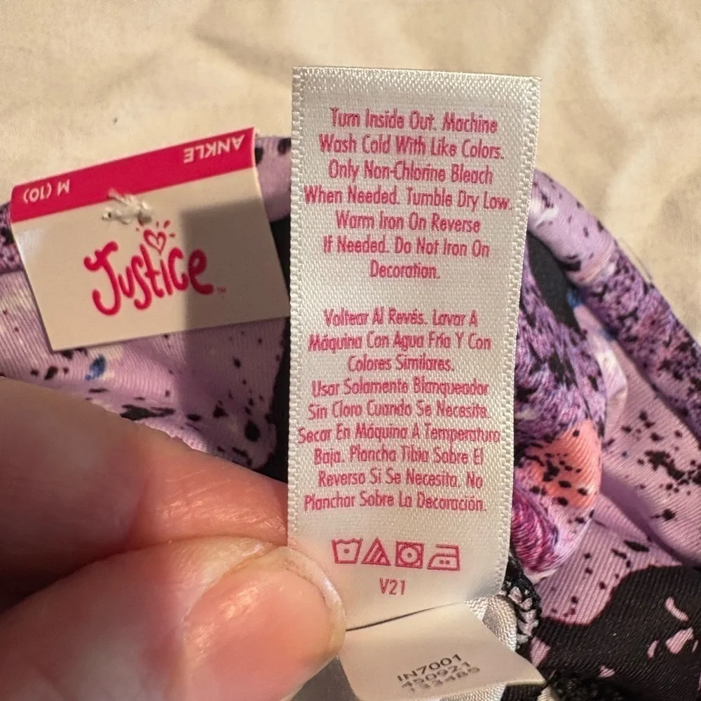 Justice Splatter Print Leggings in Pink, Purple, and Blue